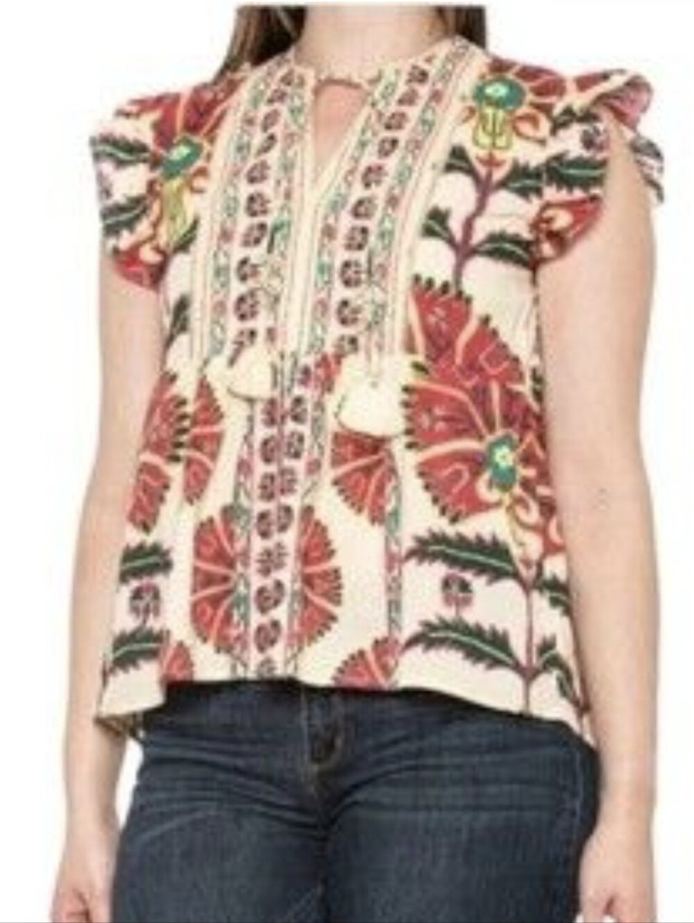 Haute Hippie Boho Embroidered Tassel Peasant Top - Cream & Red Floral - Picture 2 of 9
